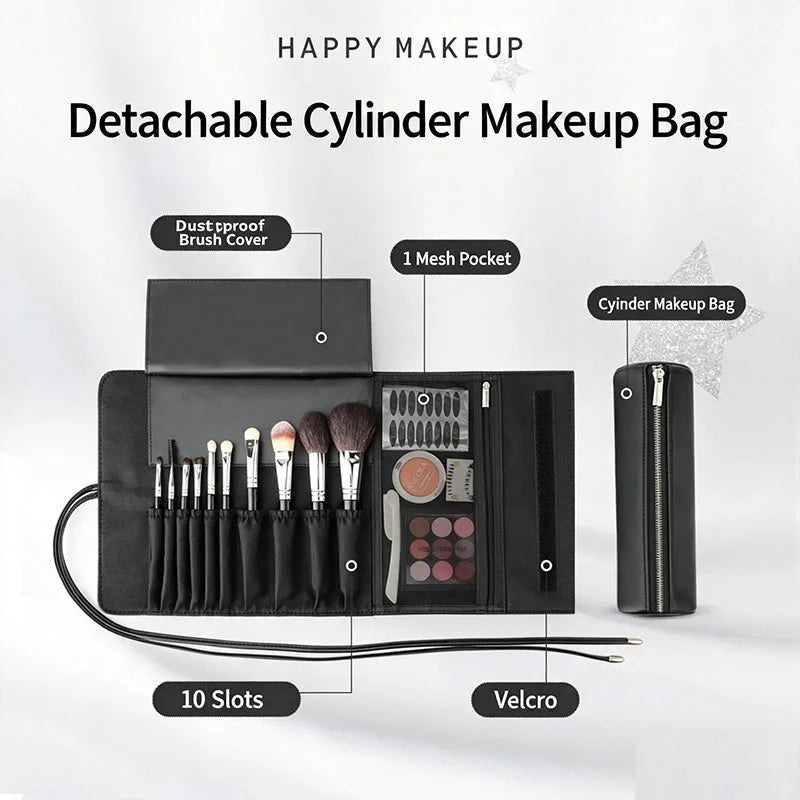 PU Leather Roll-Up Cylinder Makeup Brush Organizer Bag