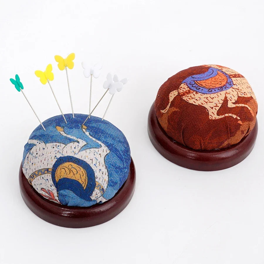 Retro Chinese Fabric Pin Cushion with Wooden Base | Sewing Tool