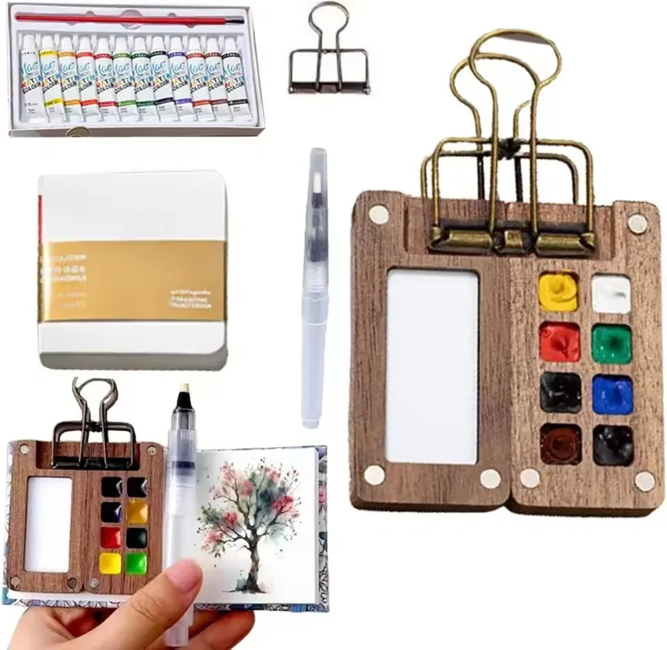 Travel Watercolor Palette Set – Portable Wooden 8/15 Grid Kit