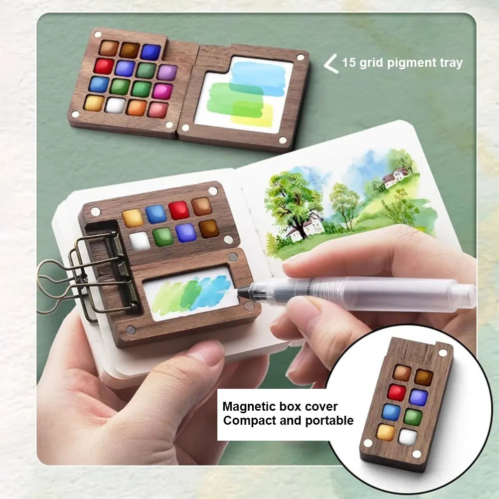 Travel Watercolor Palette Set – Portable Wooden 8/15 Grid Kit