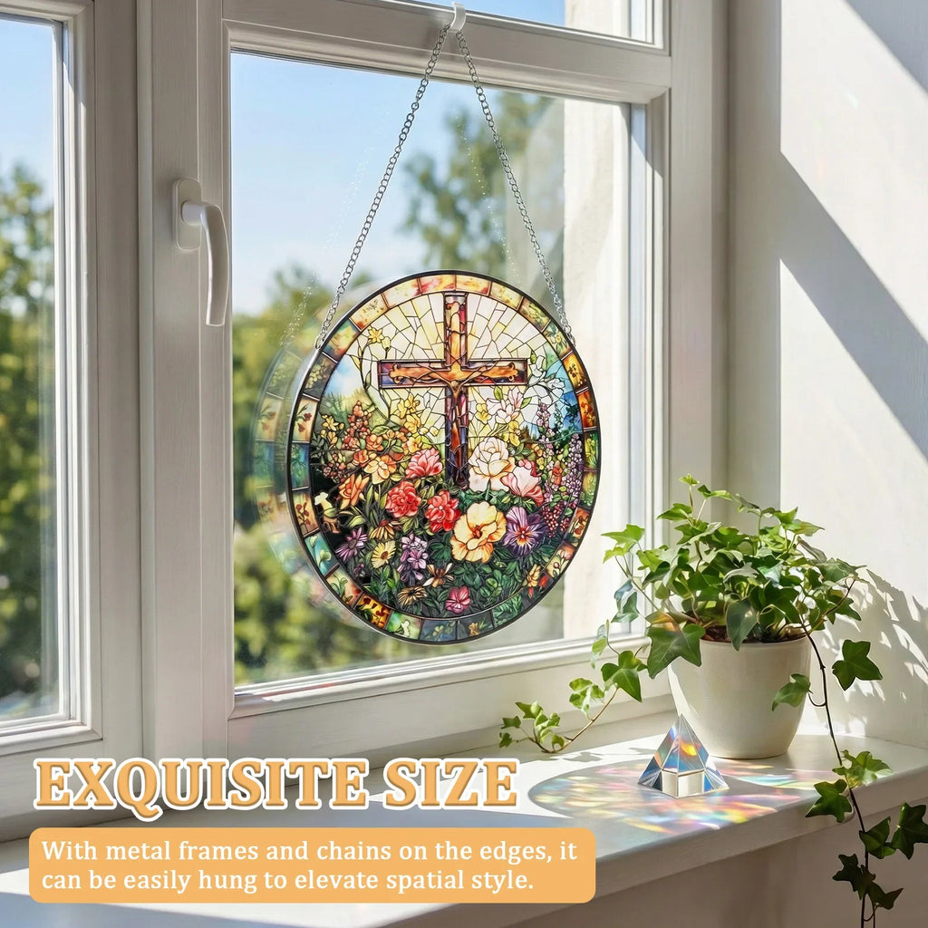 Stained Glass Cross Suncatcher 9.84" – Window Hanging Decor