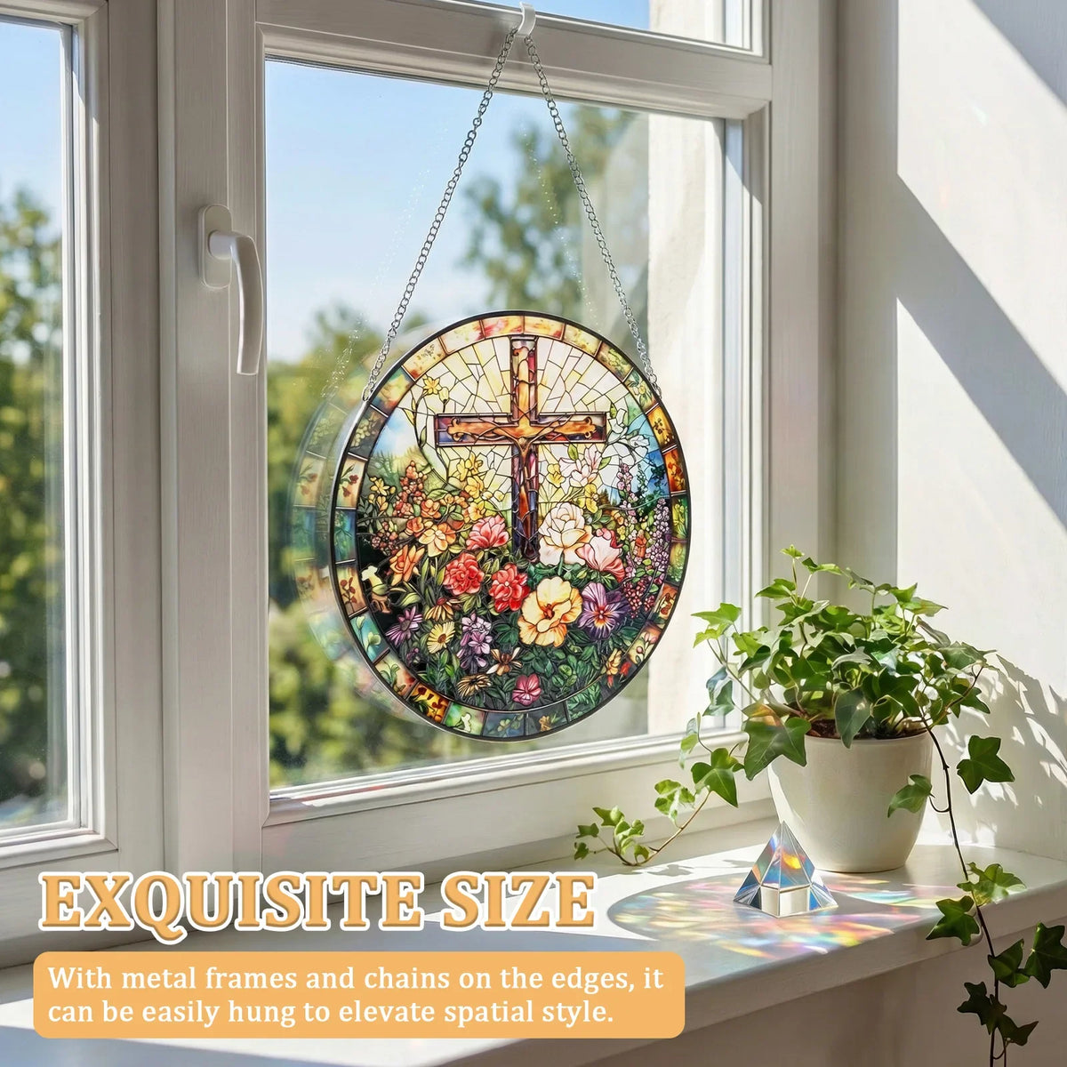 Stained Glass Cross Suncatcher 9.84" – Window Hanging Decor