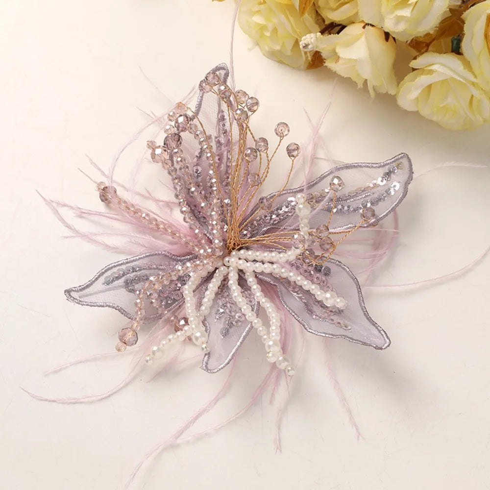 3D Organza Flower Patch – Pearl Crystal Feather DIY Embroidery