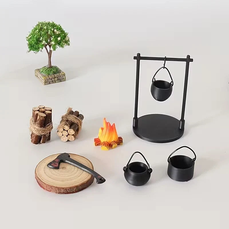 Fantasy Miniature Campfire & Teapot Resin Sculpture Decor