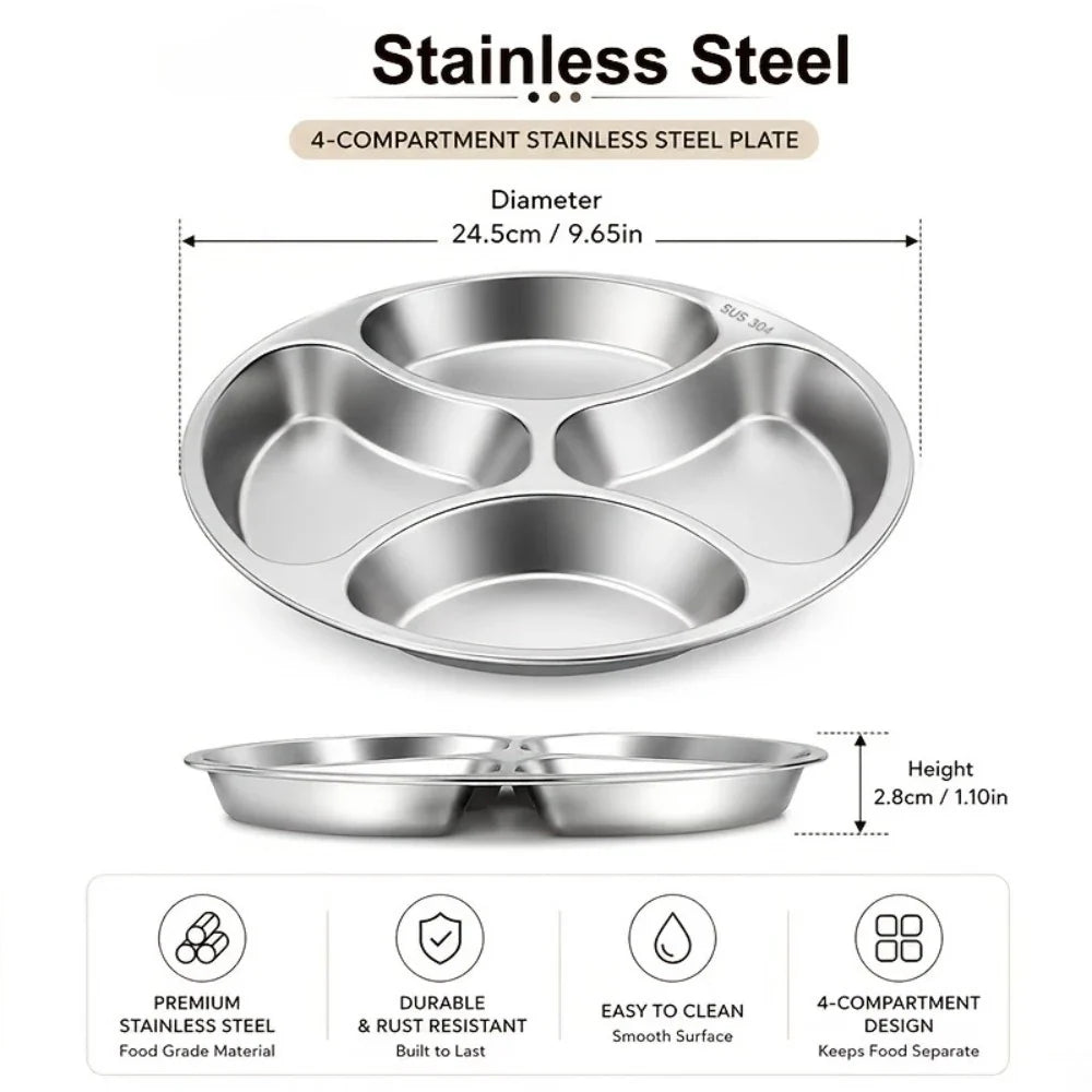 Stainless Steel Divided Serving Tray 24cm | Mess Hall Plate