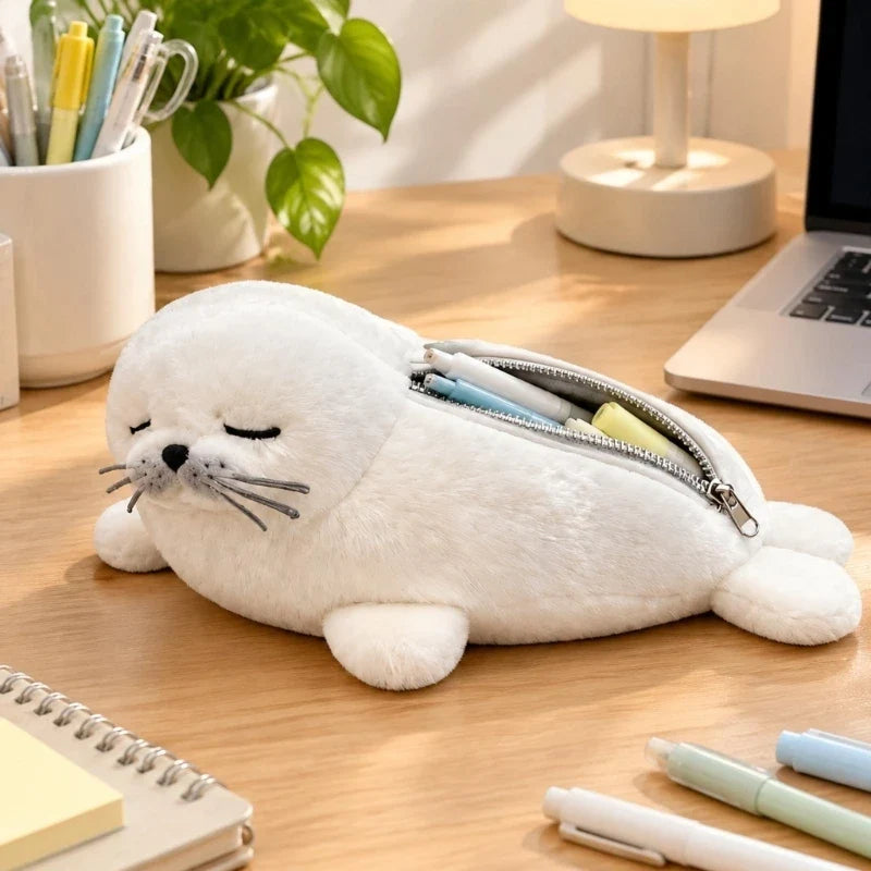 White Plush Seal Pencil Pouch – Zippered Fabric Pencil Case
