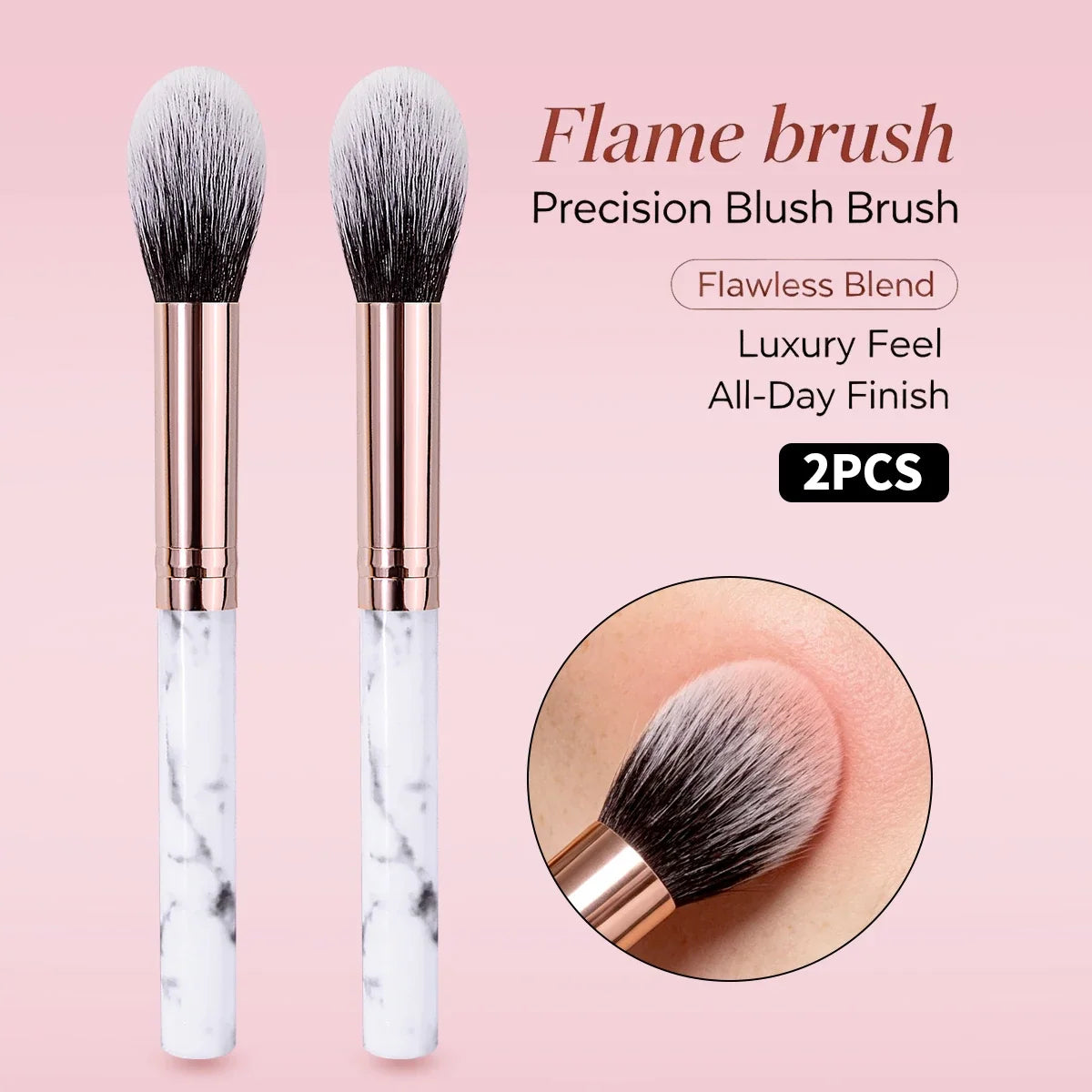 Rose Gold Marble Makeup Brush Set – Powder, Blush & Highlight