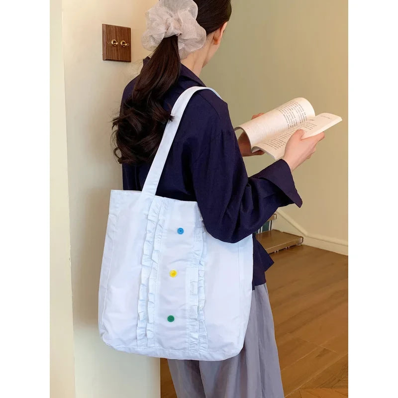 Women's Large Canvas Tote Bag – Lace Trim, Button Detail