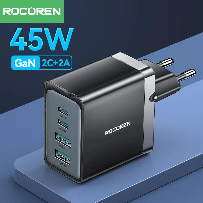 Rocoren GaN 45W 4-Port USB-C Fast Charger for iPhone & Samsung
