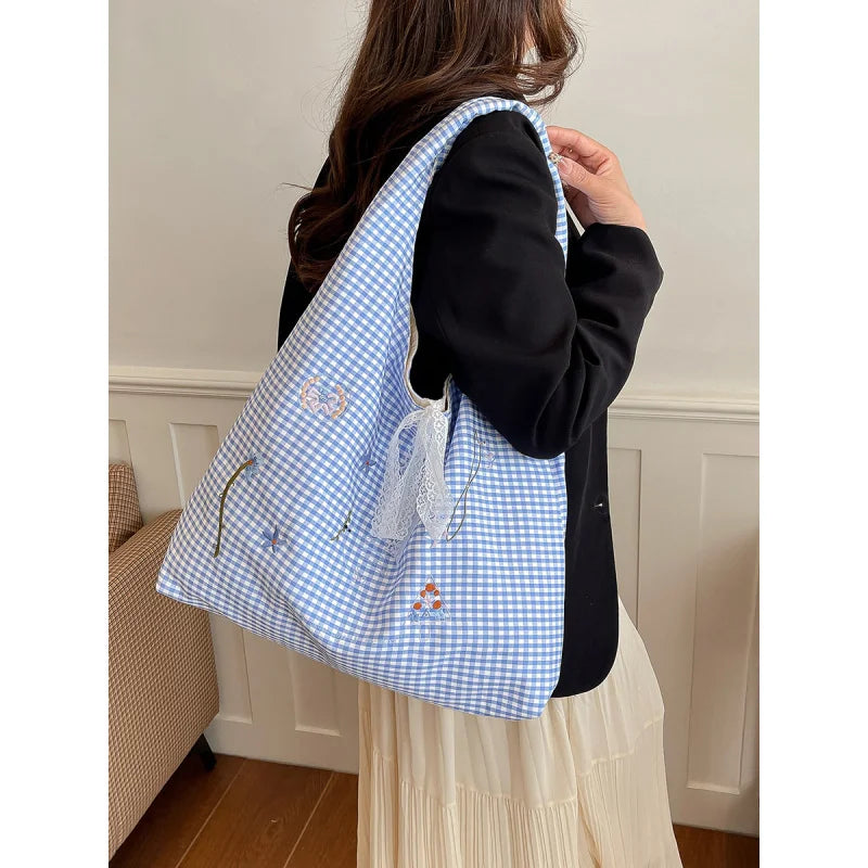 Women's Plaid Shoulder Bag with Embroidered Flowers | Large
