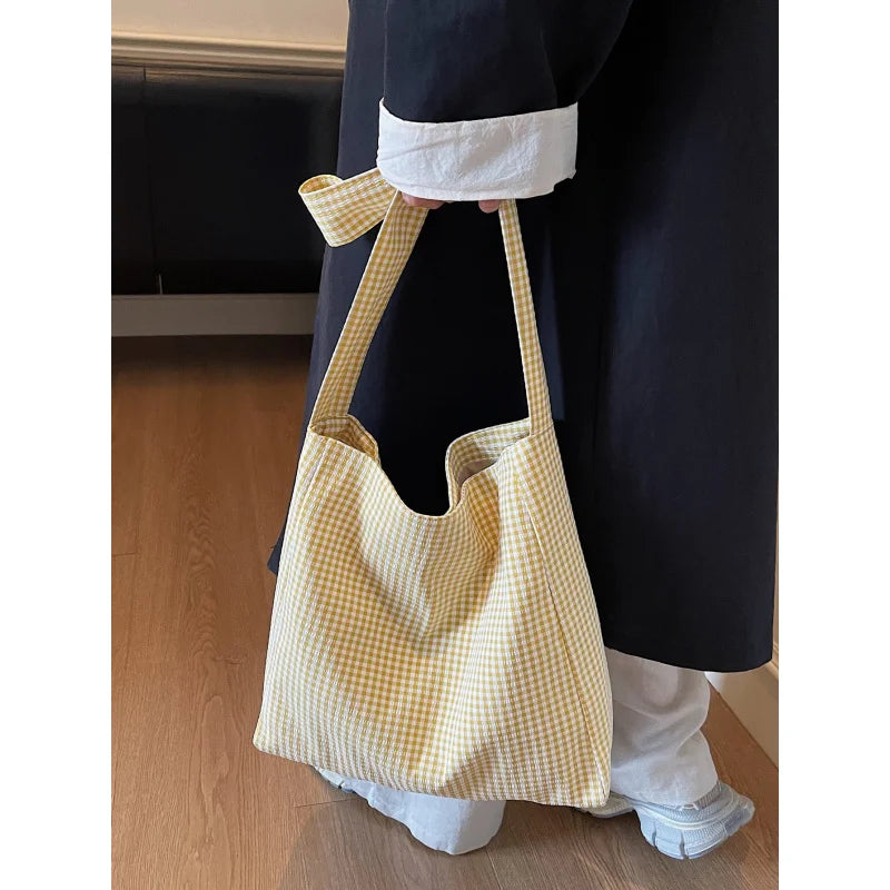 Women's Plaid Canvas Tote Bag – Large Capacity Shopping Bag