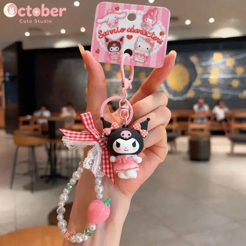 Sanrio Plaid Strawberry Keychain – Hello Kitty Kuromi Plush Charm