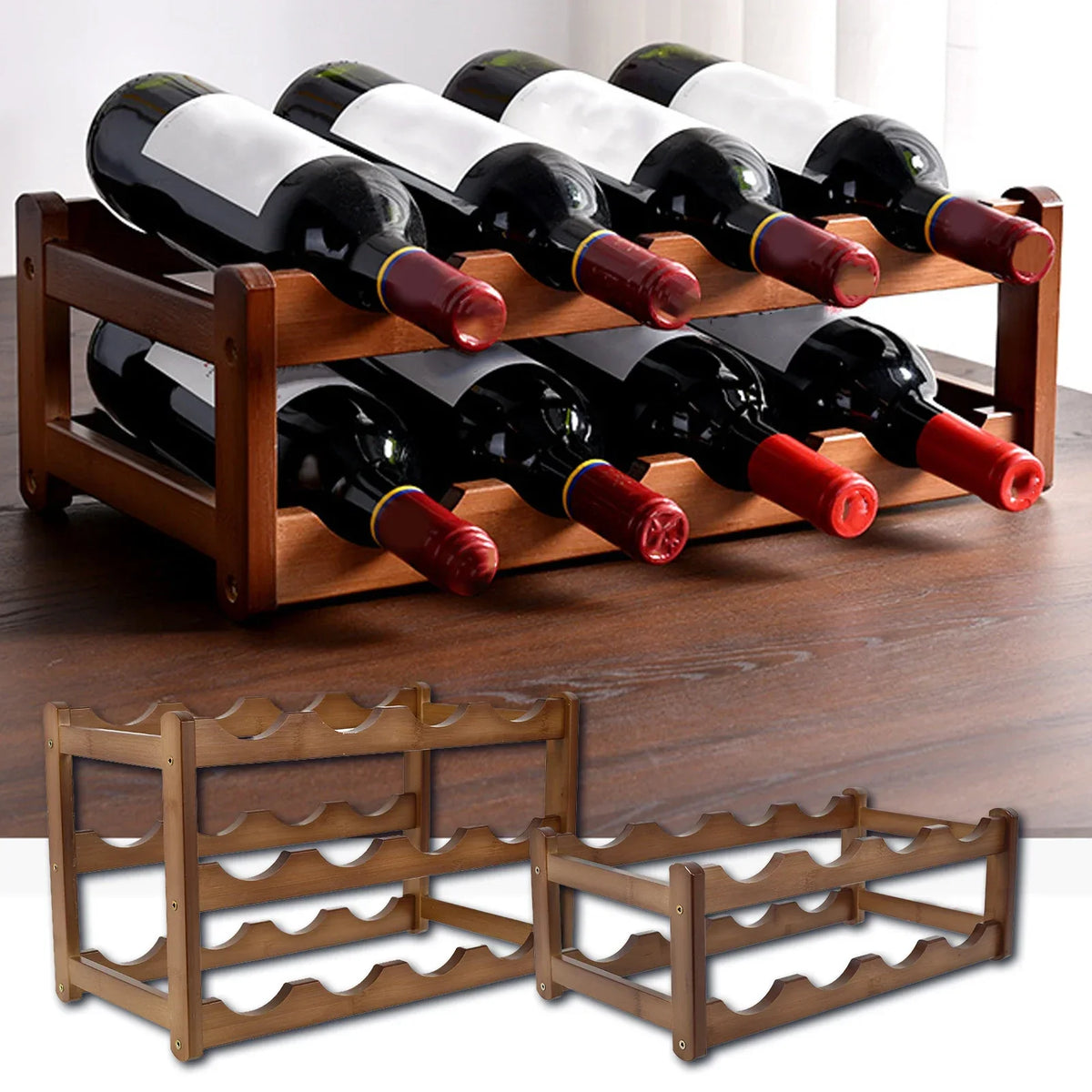 Wooden Wine Rack 2 or 3 Tier Countertop Bottle Holder