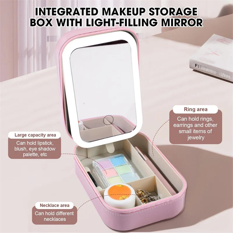 Portable LED Mirror Makeup Brush & Cosmetics Storage Box