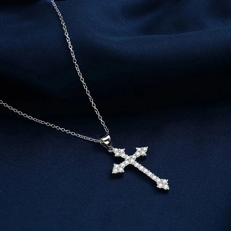 Women's Silver Cross Pendant Necklace | Rhinestone Copper