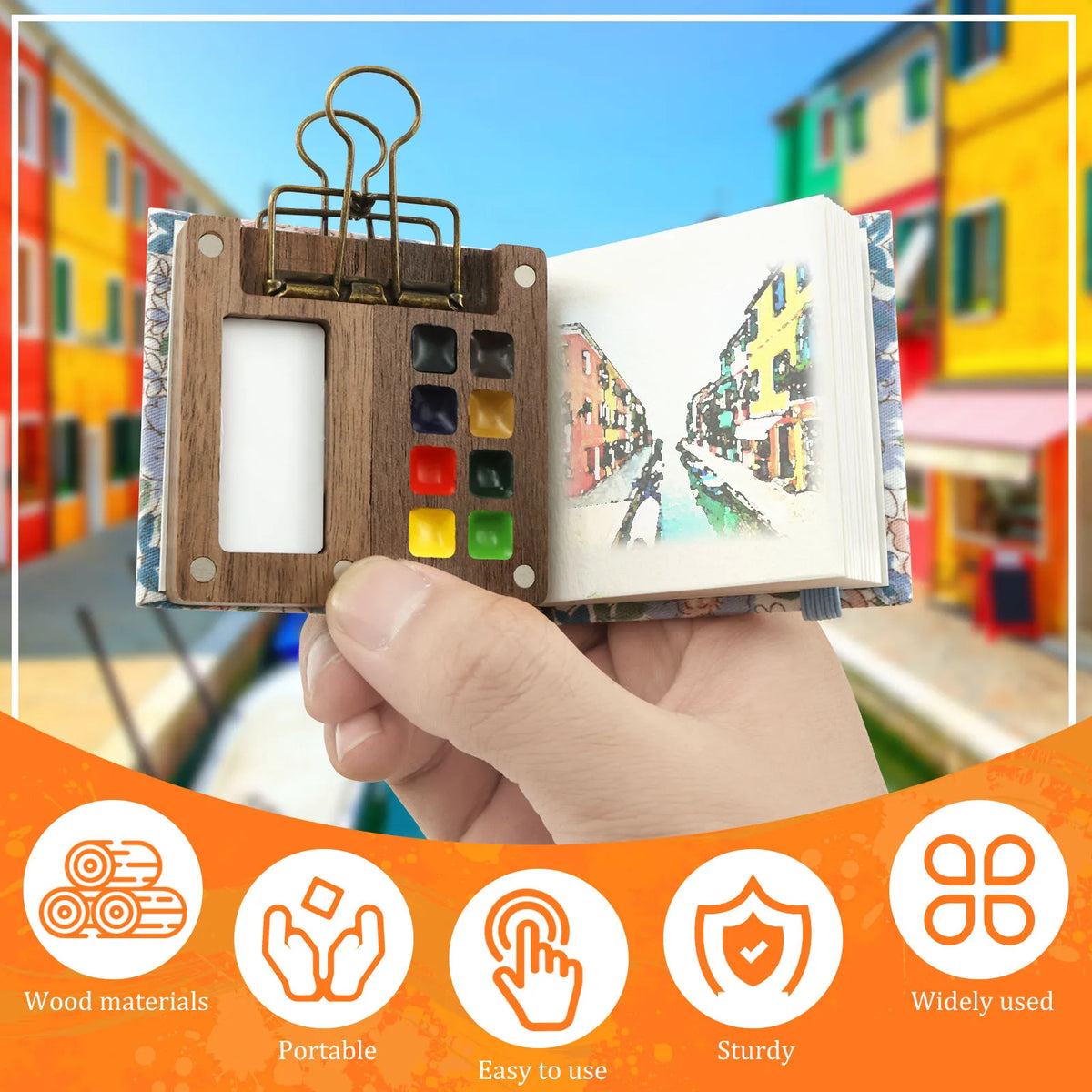 Mini Travel Watercolor Palette Set | 8-Grid Wood Palette & Sketchbook