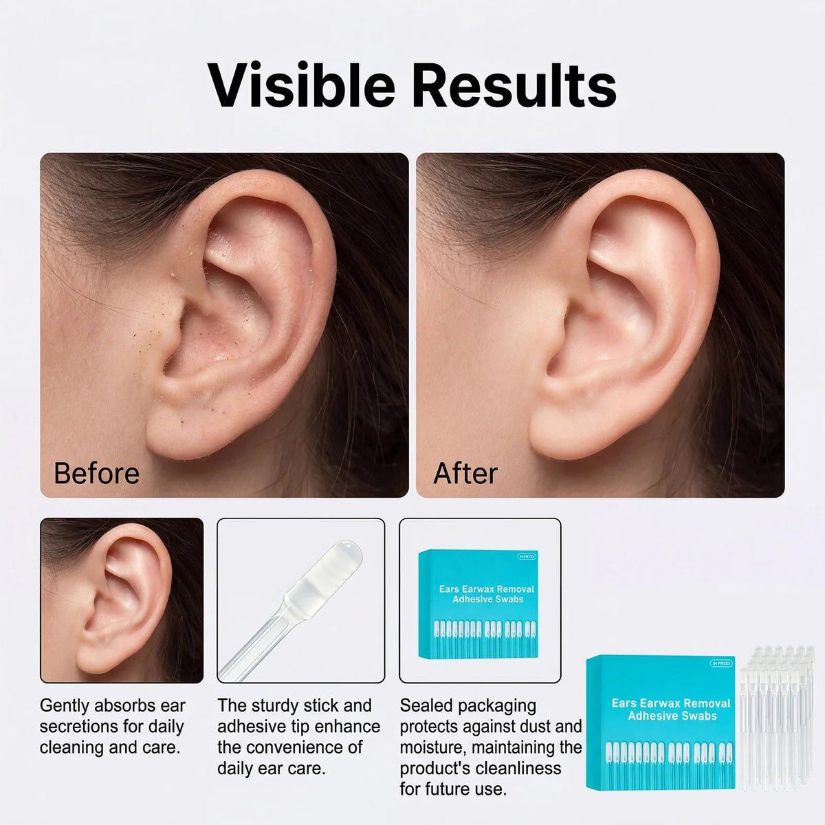 24 Pcs Sticky Ear Wax Removal Swabs – Disposable Ear Cleaner