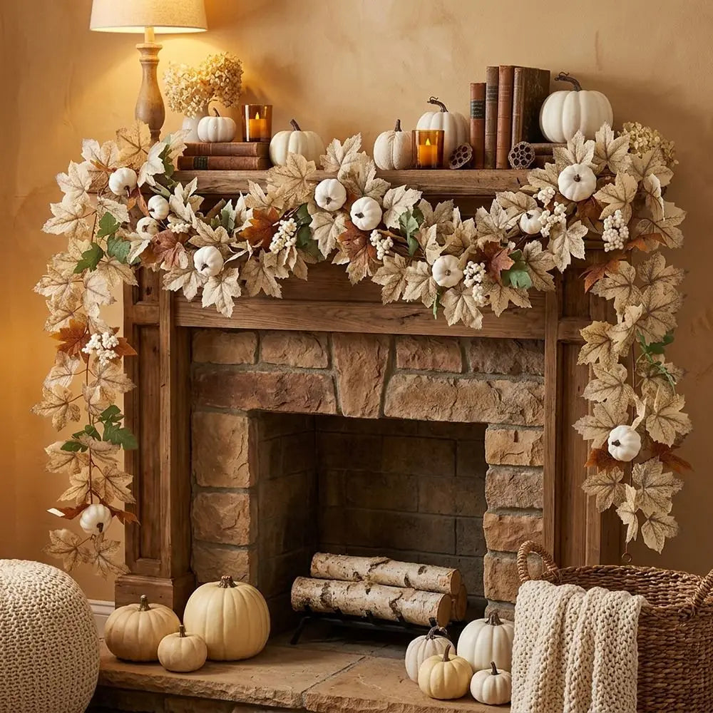 Autumn Artificial Maple Leaf Garland with Mini Pumpkins