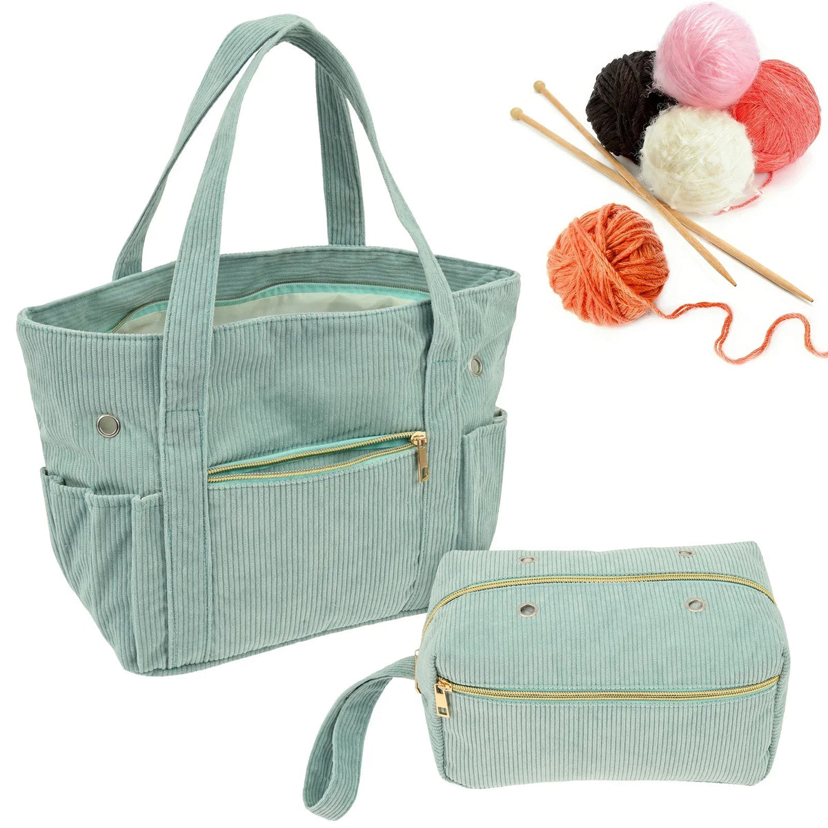 Corduroy Crochet Bag Set – Large Yarn Tote with Needle Holder