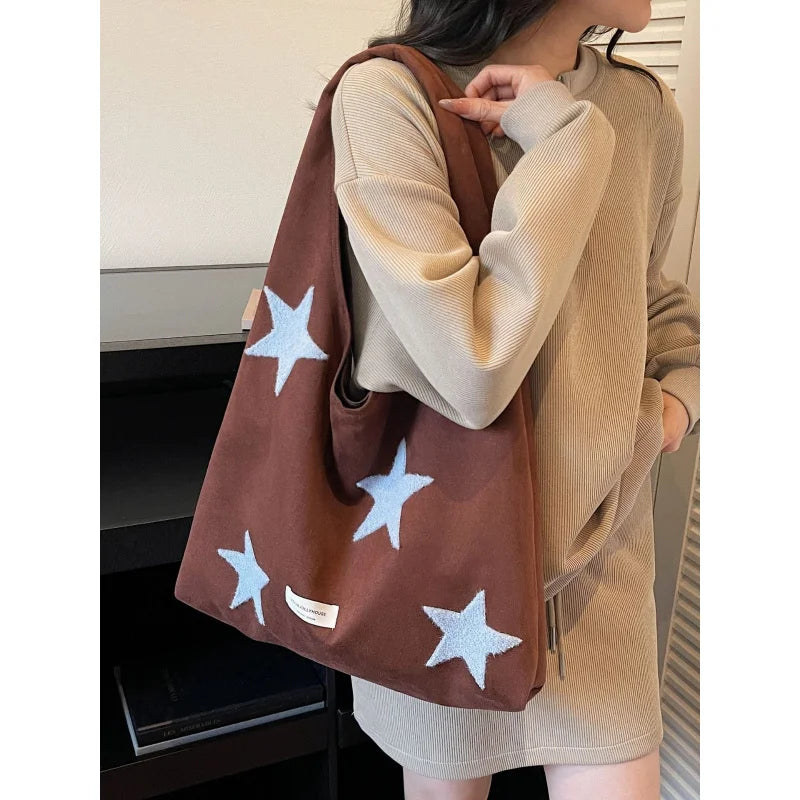 Korean Star-Embroidered Tote Bag – Large Flannel Shoulder Bag