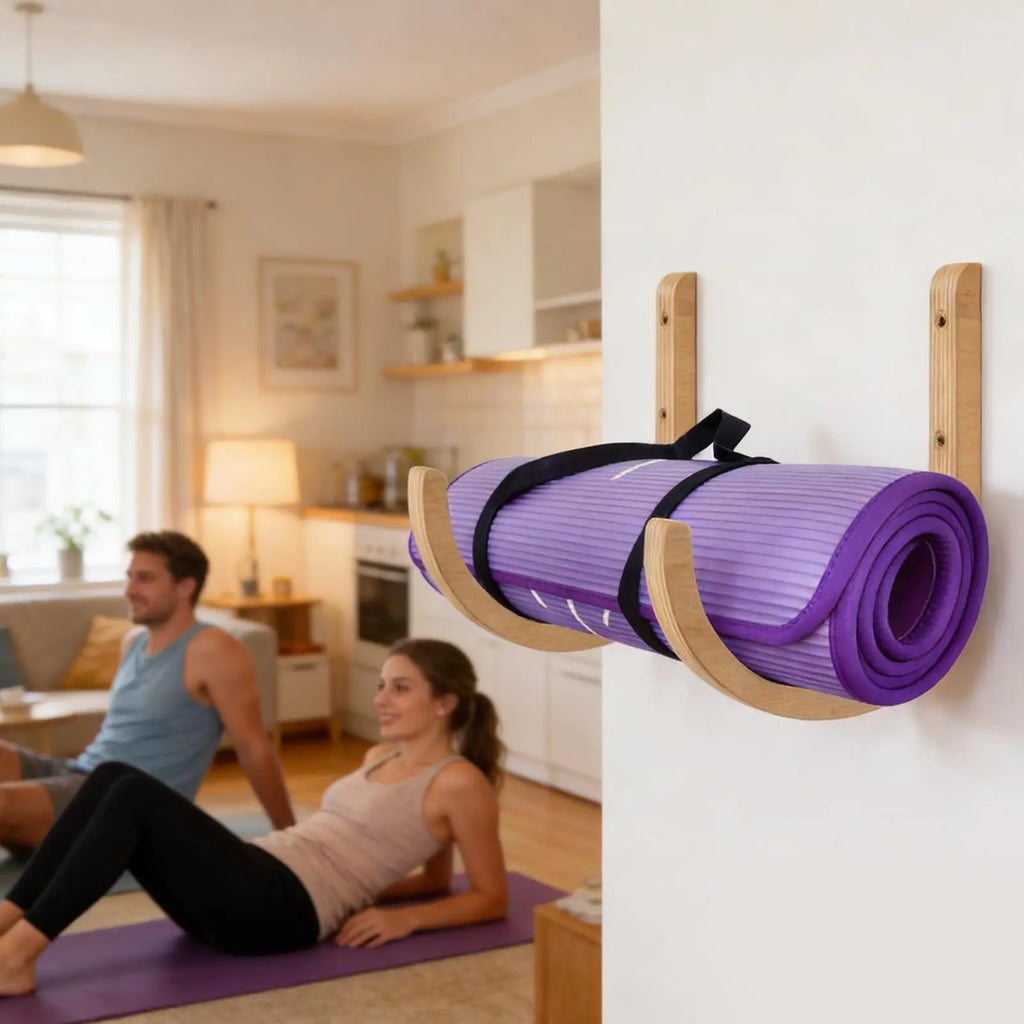 Wooden Yoga Mat Wall Mount Rack – 2-Piece Storage Set