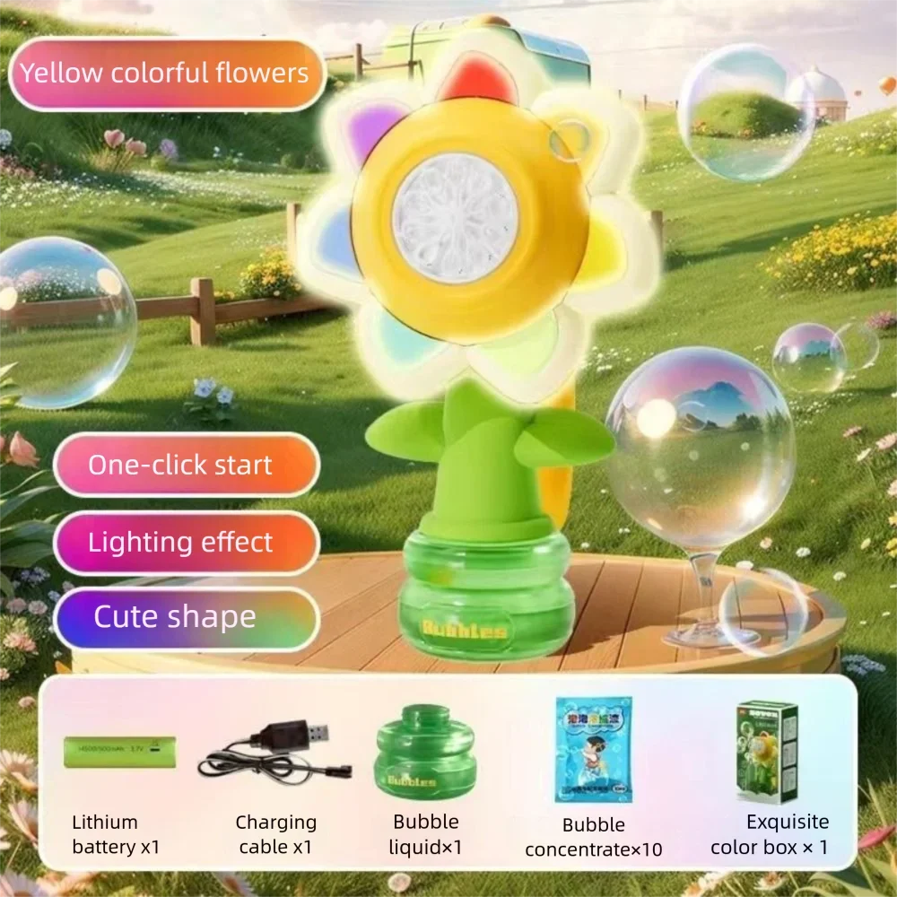 Sunflower Bubble Machine with LED Lights – USB Rechargeable Kids