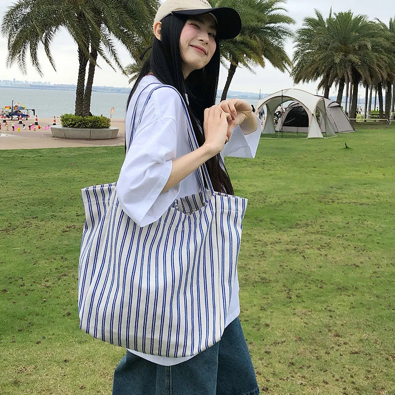 Korean Striped Canvas Tote Bag – Large Capacity Shoulder Bag