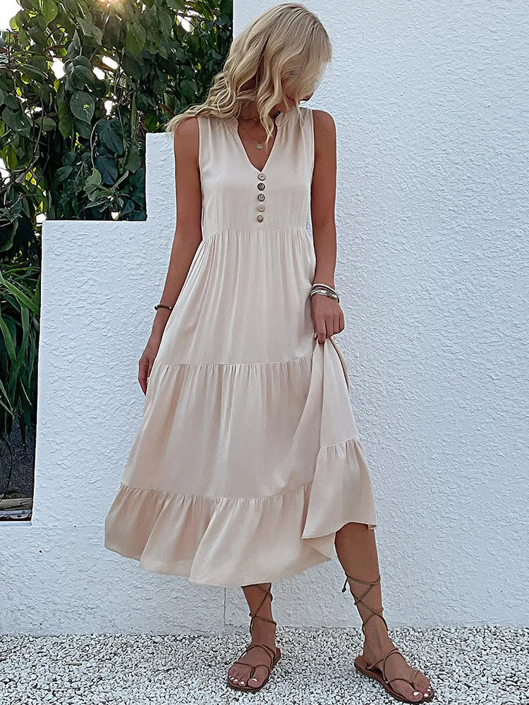 Women's Sleeveless V-Neck Ruffle Midi Sundress | SAILASIDIYA