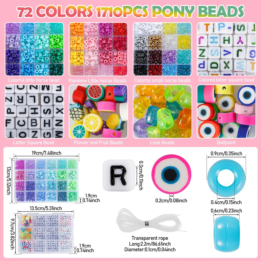 Rainbow Pony Bead Bracelet Making Kit – 1710 Pcs DIY Set