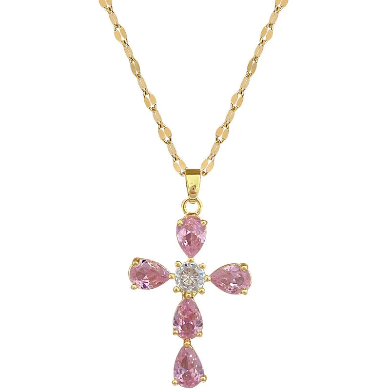 Women's Gold Cross Pendant Necklace – Stainless Steel & Zircon