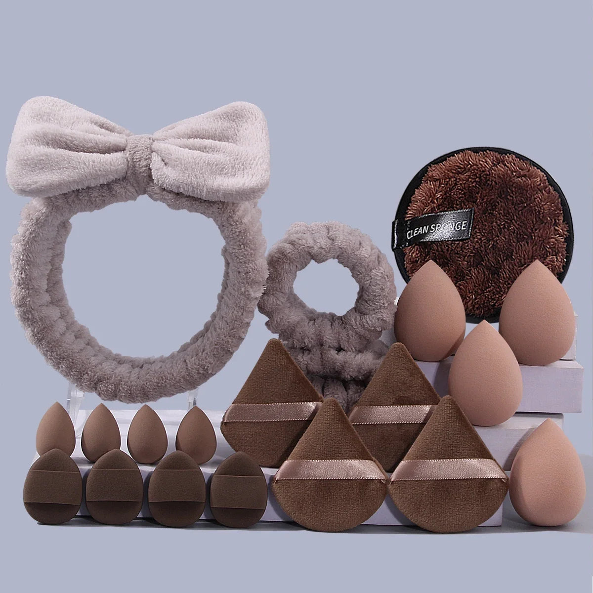 20PCS Facial Cleansing & Makeup Tool Set – Sponge Puffs & Hair Band
