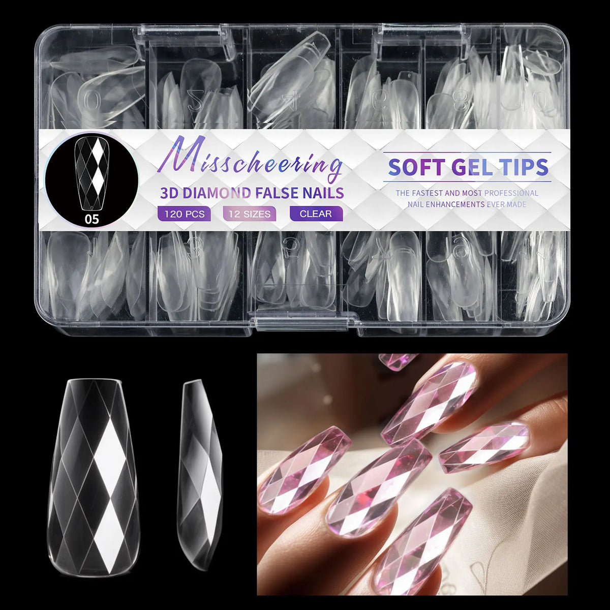 3D Diamond Almond Ballet Press On Nails – Long False Nails Set