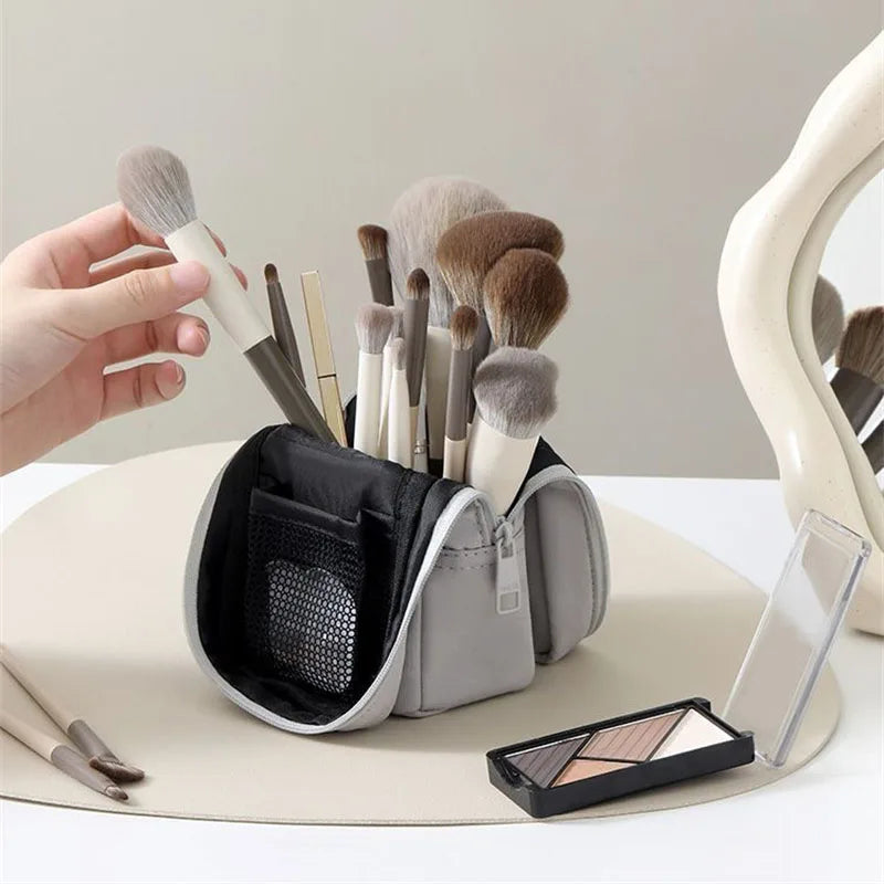 Foldable Standing Makeup Brush Case | Elastic Bands & Mesh Pocket
