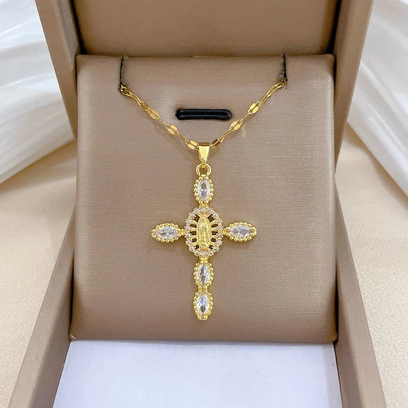 Women's Gold Cross Pendant Necklace – Stainless Steel Choker
