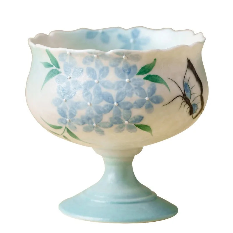 Hand-Drawn Blue Embroidered Butterfly Ceramic Teacup 80ml