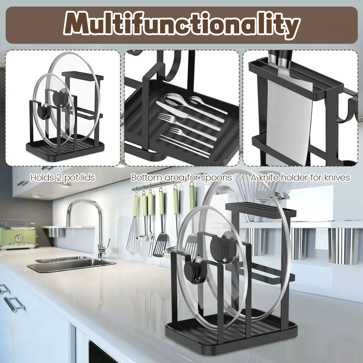 Stainless Steel Pot Lid Holder & Spoon Rest – Kitchen Organizer
