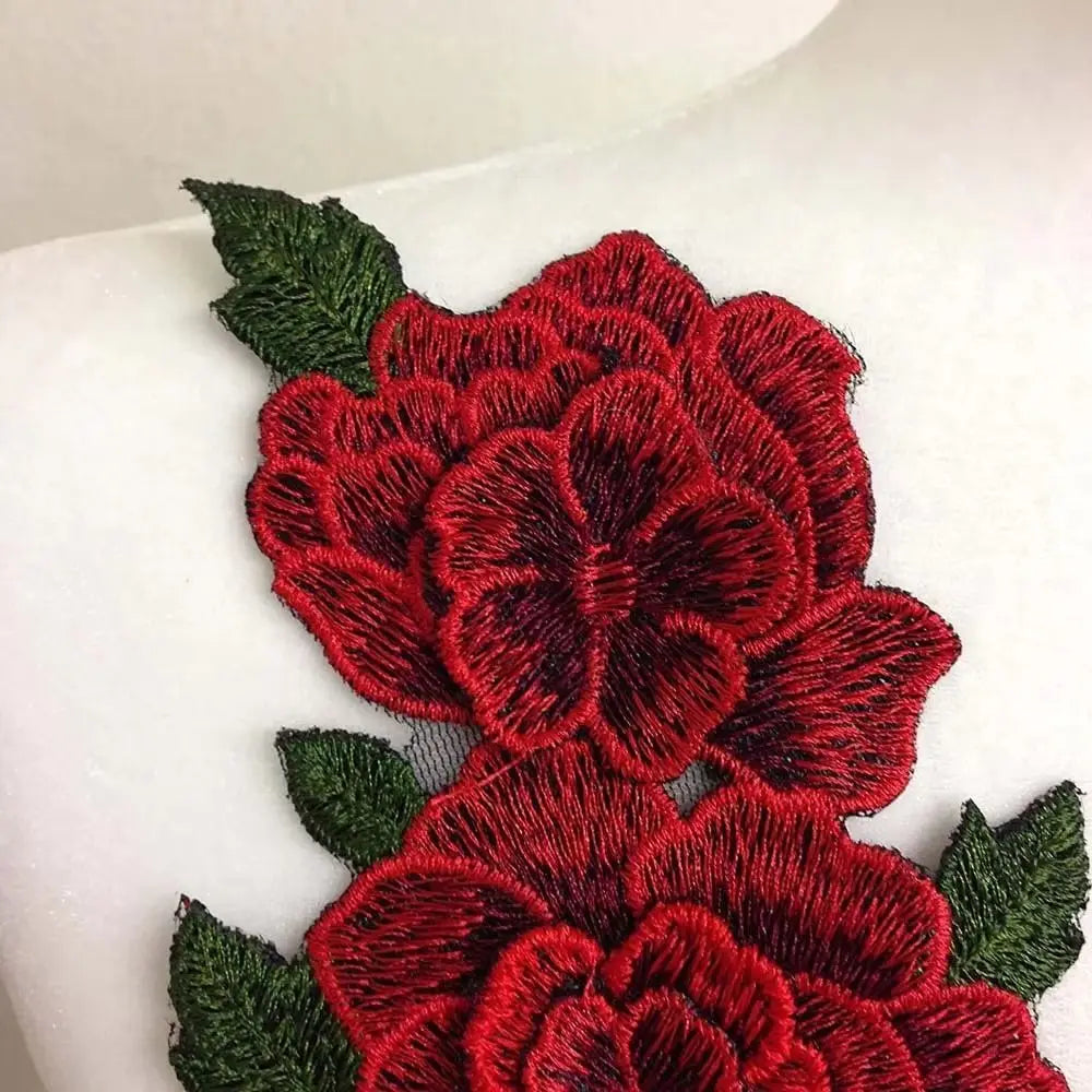 3D Flower Embroidery Sew-On Applique Patch Red 24x12cm