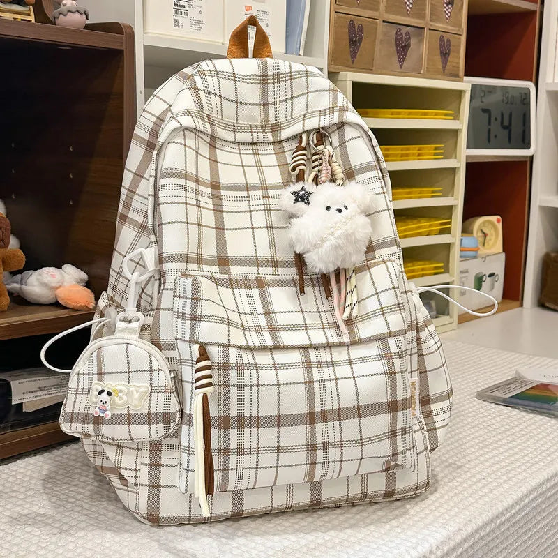 Korean Plaid Backpack – Large Capacity Student Campus Bag
