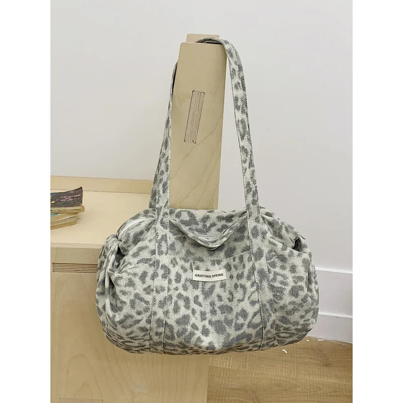 Korean Vintage Leopard Print Canvas Shoulder Bag | Large Capacity