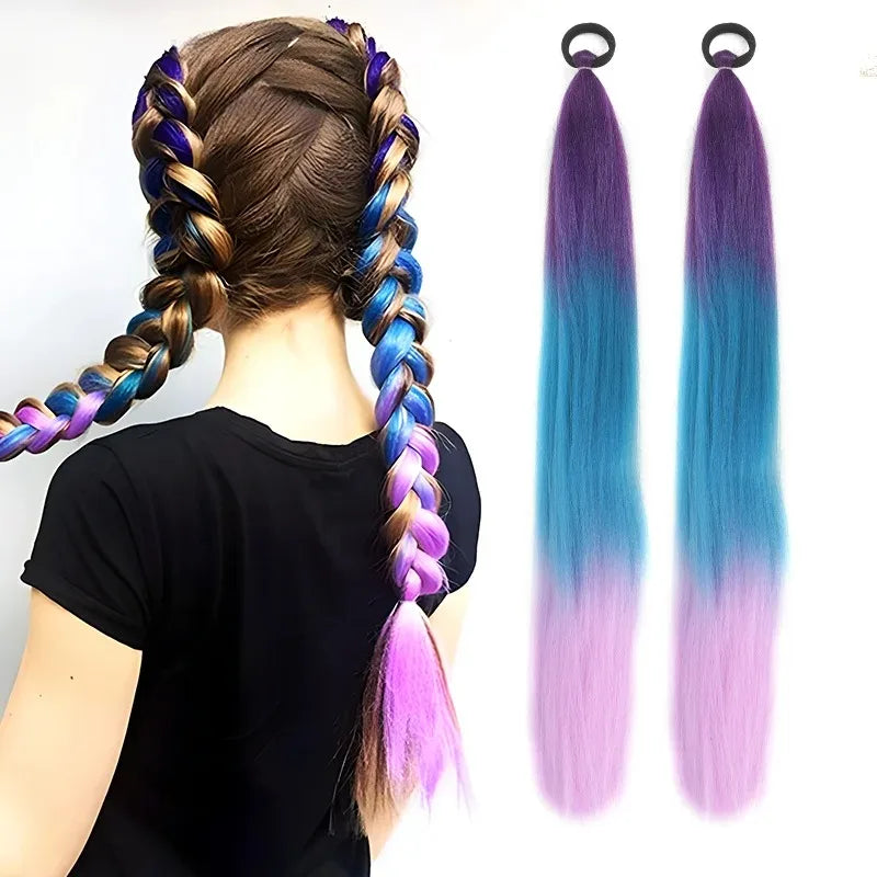 26" Synthetic Ponytail Extension Ombre Pink Purple Blue | Kanekalon