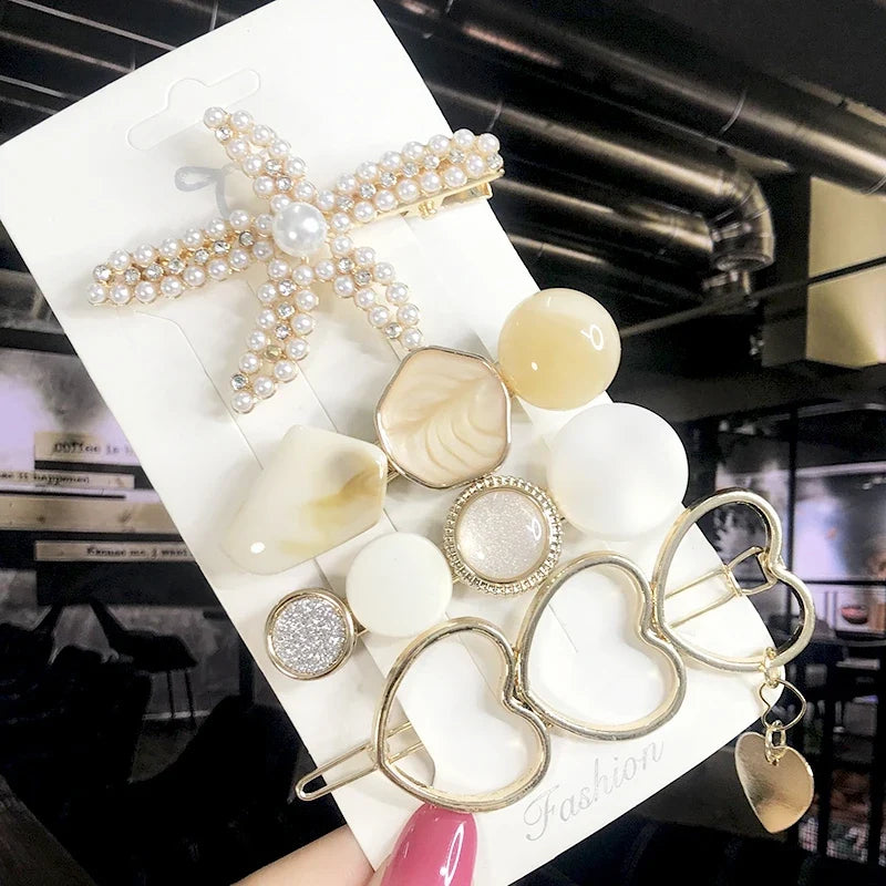 Pearl Crystal Hair Clips Set – Korean Geometric Barrettes