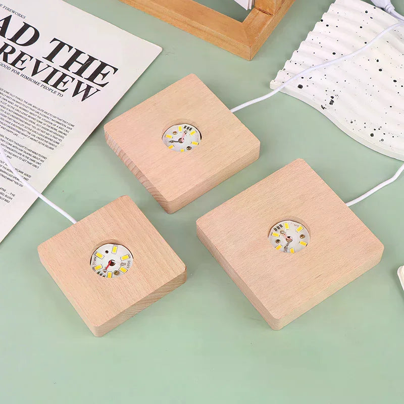 LED Solid Wood Square Night Light USB Lamp Base 5–10CM