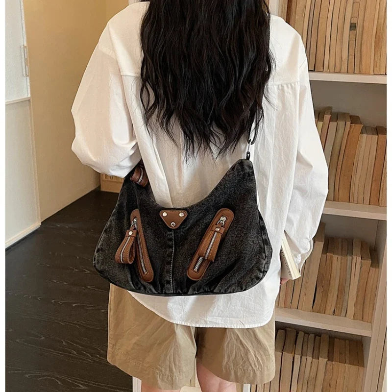 Y2K Denim Shoulder Bag Large Tote Commuter Handbag | Nixie