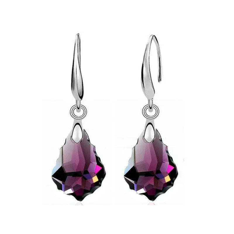 Women's Silver Purple Crystal Drop Necklace & Earrings Set