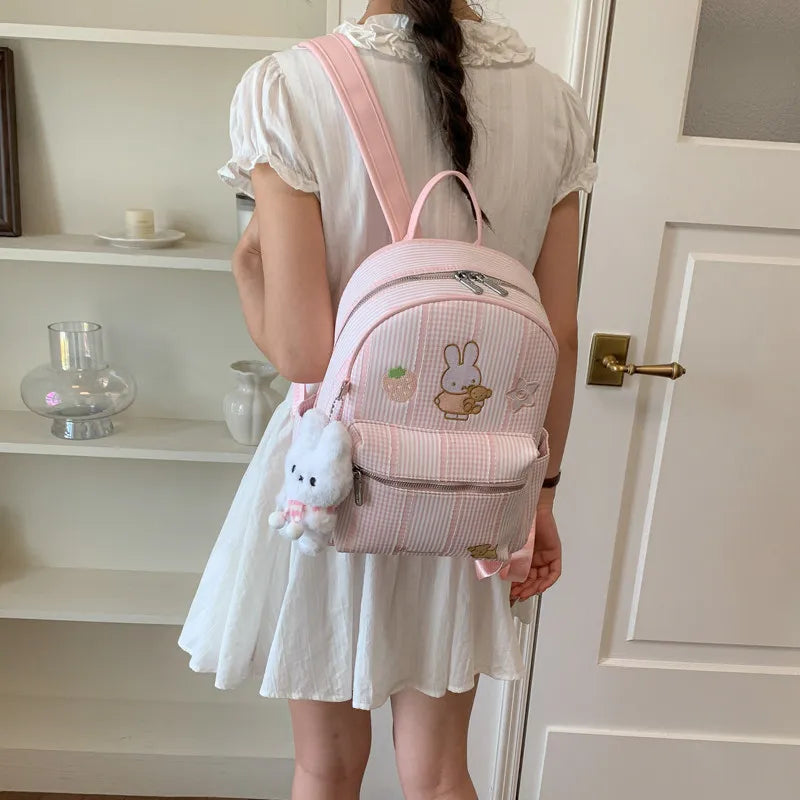 Cartoon Plaid Canvas Backpack for Women – Large Capacity
