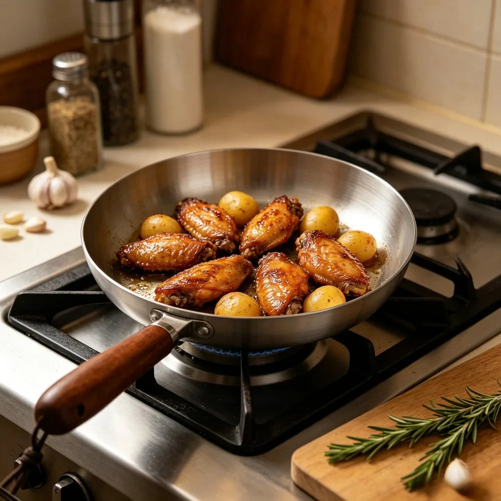 Stainless Steel Nonstick Frying Pan Wood Handle Skillet