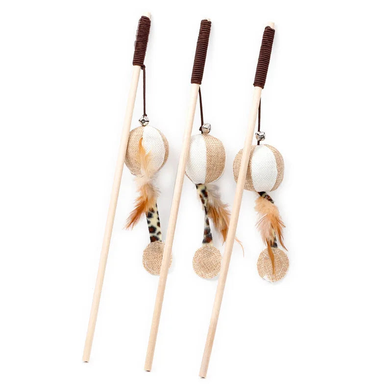 Wooden Cat Teaser Wand Toy – Feather Bell & Mouse Lure