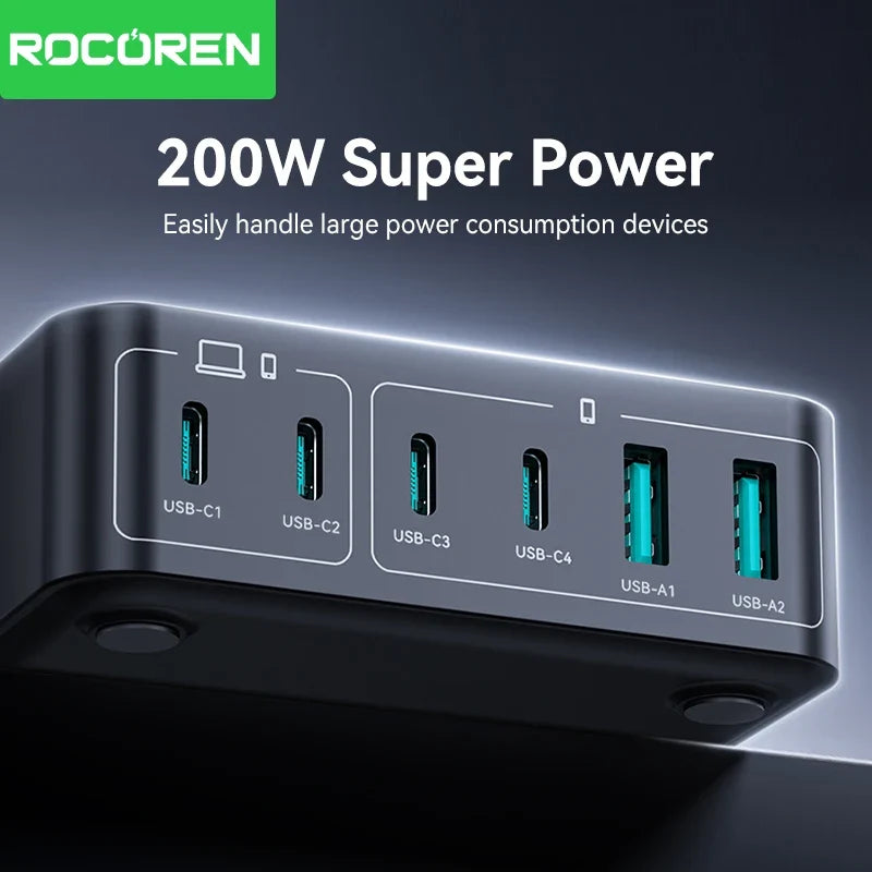 Rocoren 200W GaN Charging Station 6-Port USB-C Desk Charger