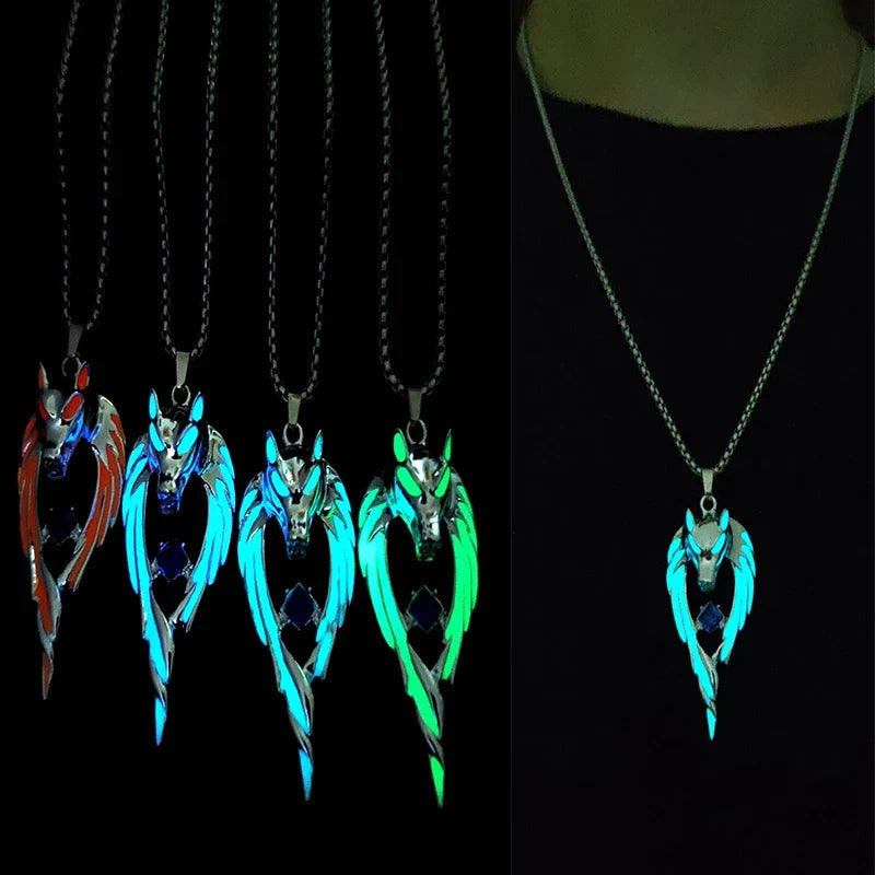 Glow in the Dark Wolf Pendant Necklace | Gothic Punk Steel Chain