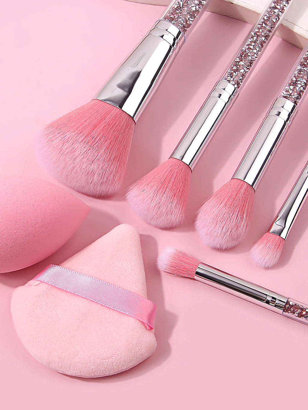 5-Piece Pink Diamond Makeup Brush Set with Bag, Sponge & Puff